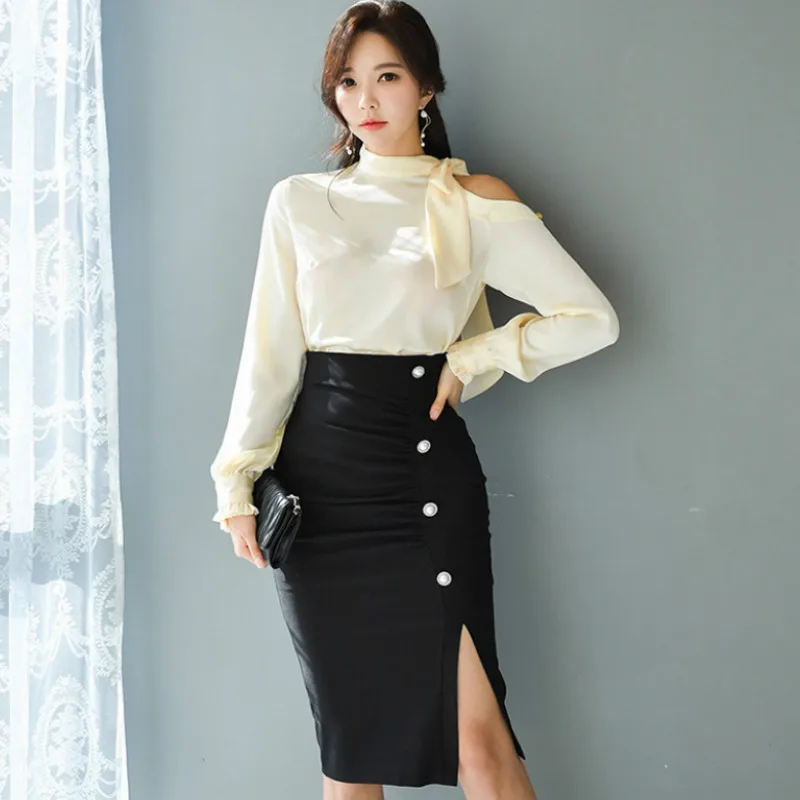 

Off Shoulder Bowknot Long Sleeved Blouse Shirt High Waist Split Women Bodycon Midi Skirt Two Piece Suit Office Dress