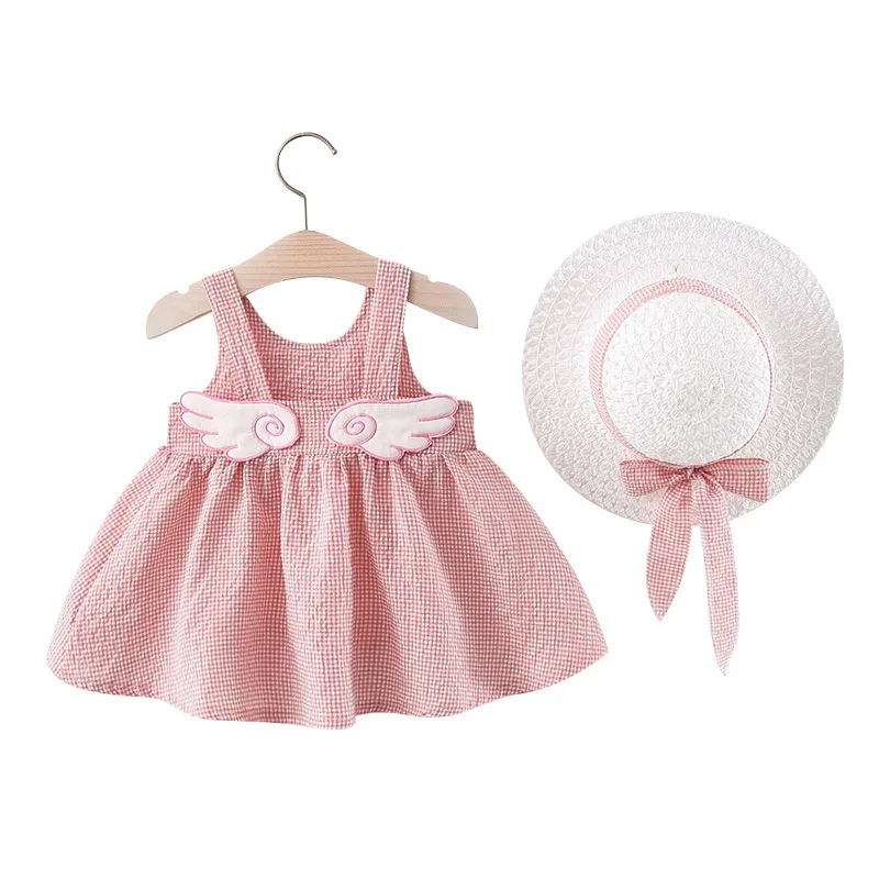 Summer Baby Dress Straw Hat Sets for Girls Cotton Plaid Princess Dresses with Angel Wings Birthday Party Baby Girl Clothes
