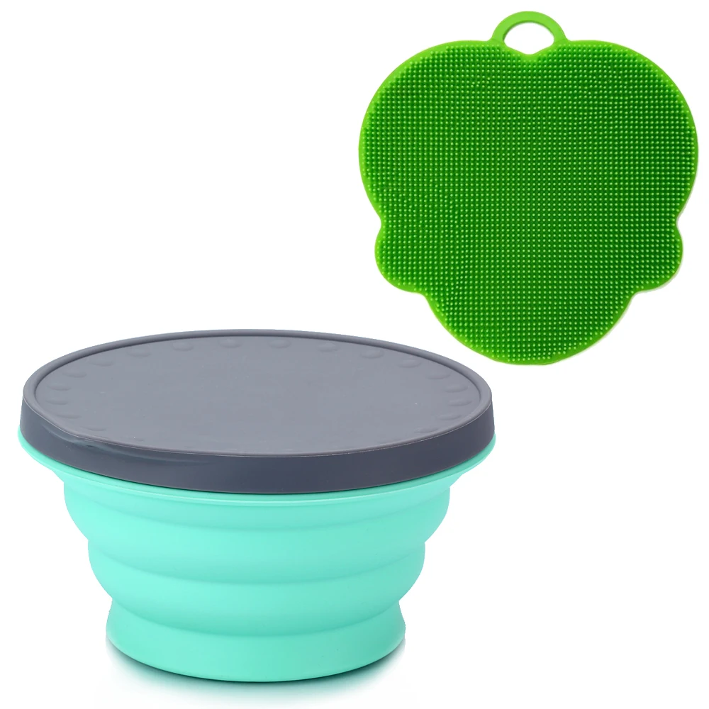 Silicone Collapsible Portable Bowl Expandable Bowl with Lid and Silicone Dish Sponge for Travel Camping Hiking