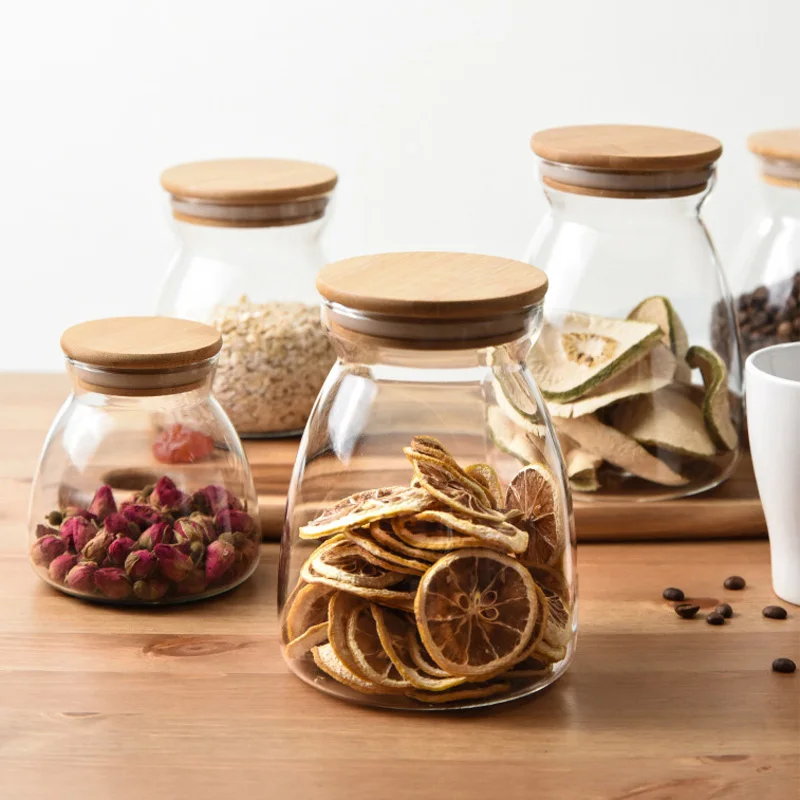 

Glass spice Candy jars with wood lid cereal container Dried Fruit cookie jar kitchen food storage containers Christmas Gift