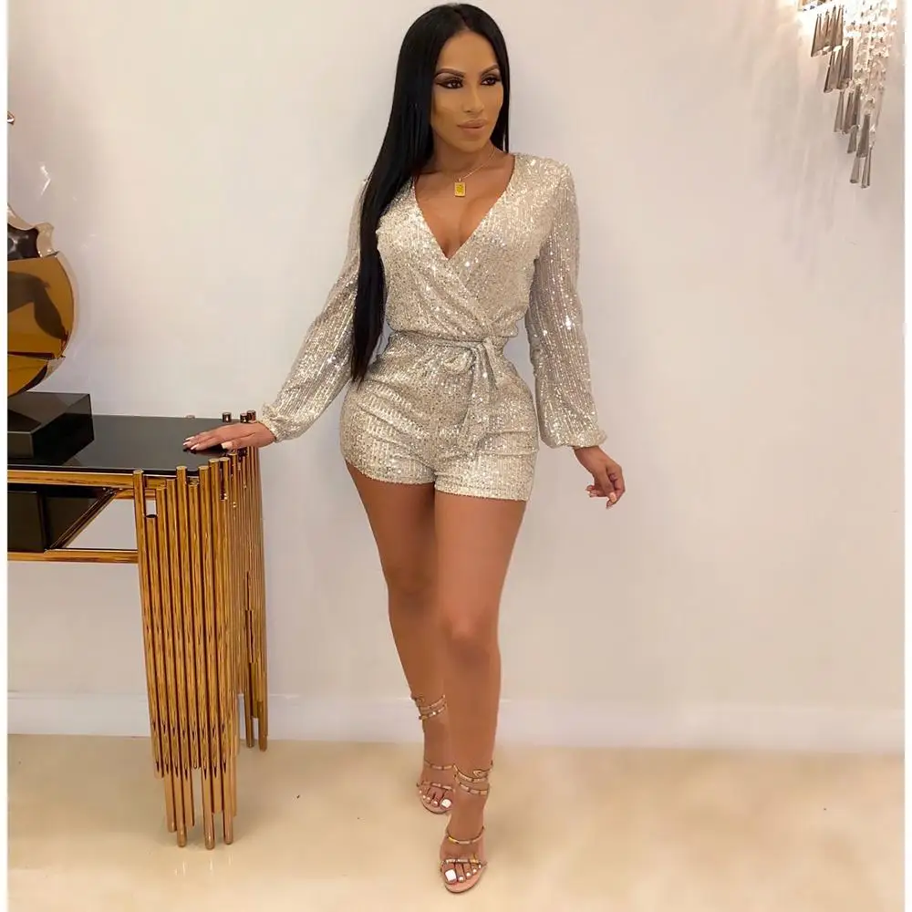 Модные блестящие тканевые комбинезоны с длинным рукавом женские сексуальные