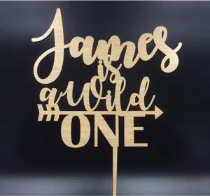 Персонализированный детский Топпер для торта на первый день рождения, зеркальный акриловый деревянный Топпер для торта, индивидуальное название для ребенка, топпер для торта дикий