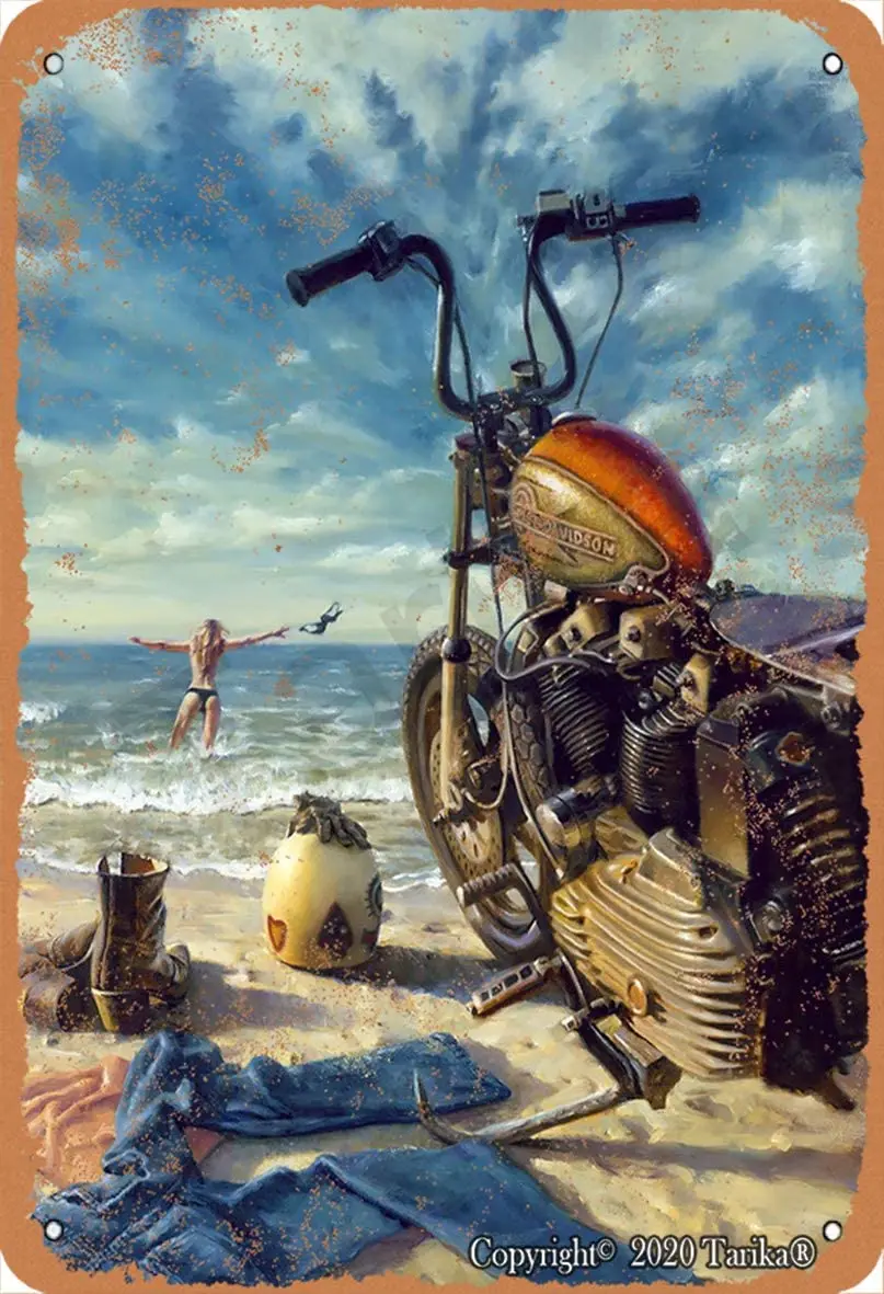 

Искусство мотоцикл пляж сексуальная леди в море 20X30 см ретро вид металлические украшения поделки знак для Дома кухни