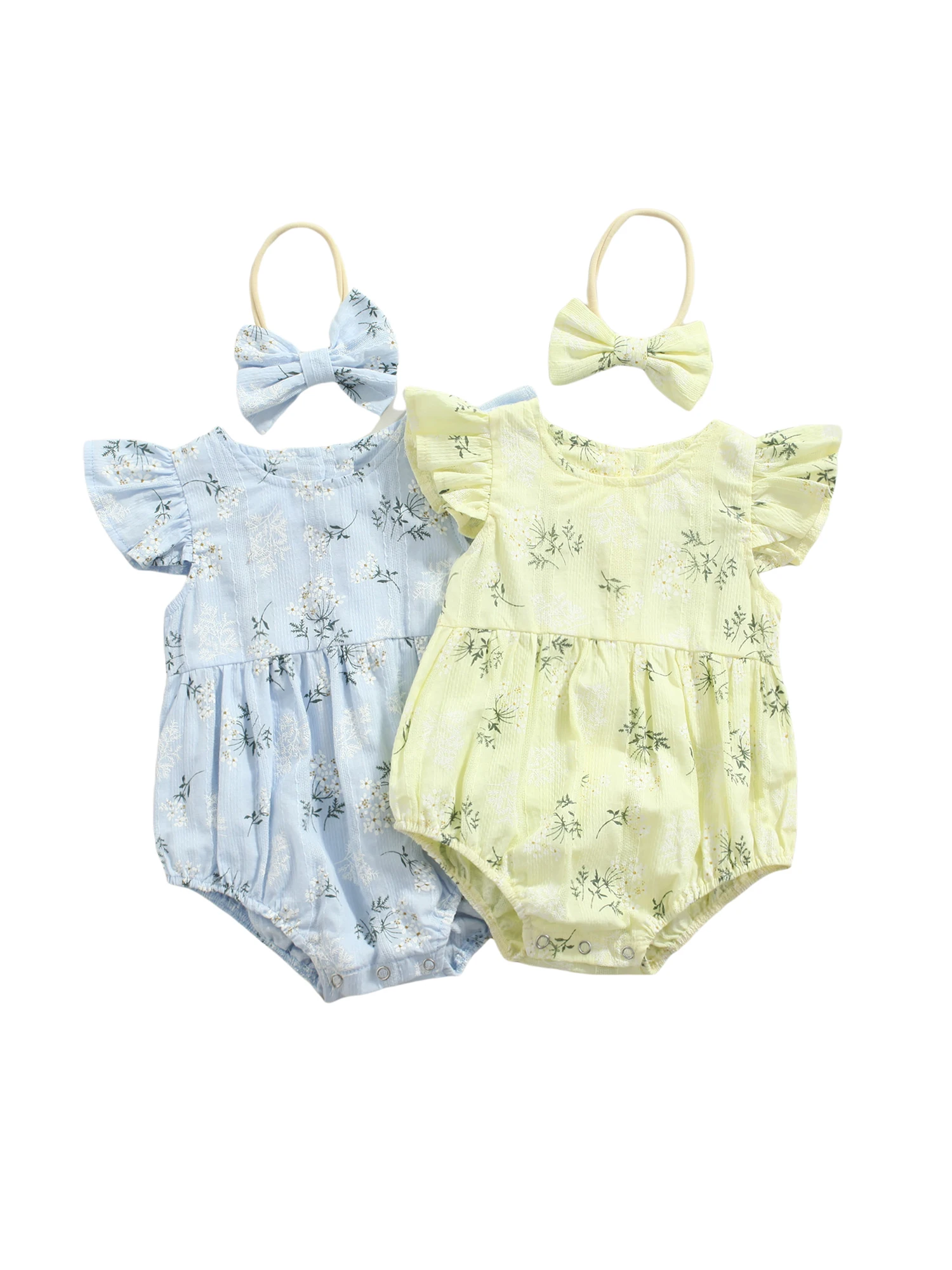 

Baby Romper with Hairband, Kids Floral Print Round Neck Fly Sleeve Bodysuit+ Headband for Summer, Blue/Yellow, 0-24 Months