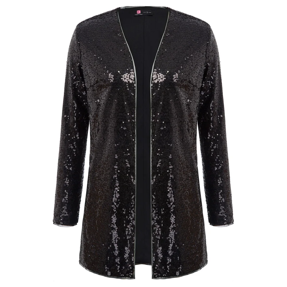 

Women jacket Sparkle Sequins Stunning Sequined Long Sleeve Open Front Coat autumn spring casual cool fashion long coat lady tops