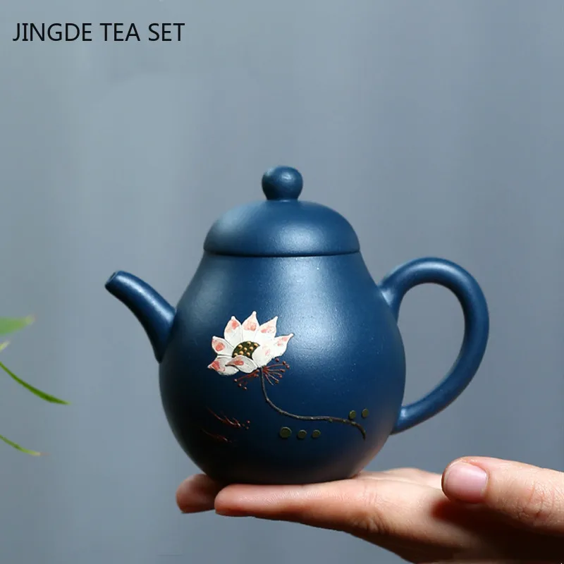 Yixing Raw Ore Azure Mud Tea Kettle Hand-painted Lotus Purple Clay Teapot Ball Hole Filter Beauty Tea Pot Tea Set Supplies 130ml