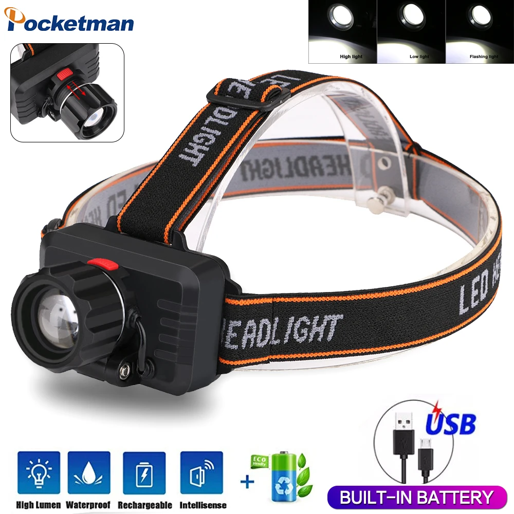 

Светодиодный налобный фонарь T6, регулируемый головной фонарь для улицы, с зарядкой от USB, водонепроницаемый, со встроенным аккумулятором