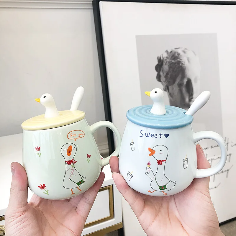 Симпатичная мультяшная керамическая кружка с крышкой и ложкой