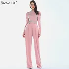 Мусульманские розовые вечерние платья с длинными рукавами с высоким воротником комбинезон с изображением алмазов торжественное платье Serene Hill LA60910