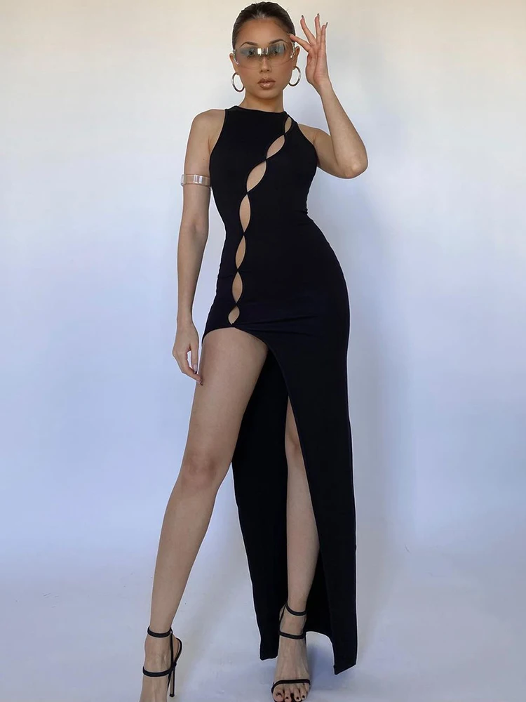 

Lygens Stretchy Hollow Out Slit Maxi Dress Women Sleeveless Party Club Sexy Black 2021 Elegant Fashion Clothes Girls Streetwear