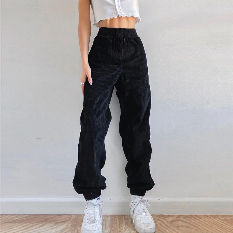 

Solid color ribbed high elastic waist casual harem pants, black high waist corduroy trousers with pockets ins style