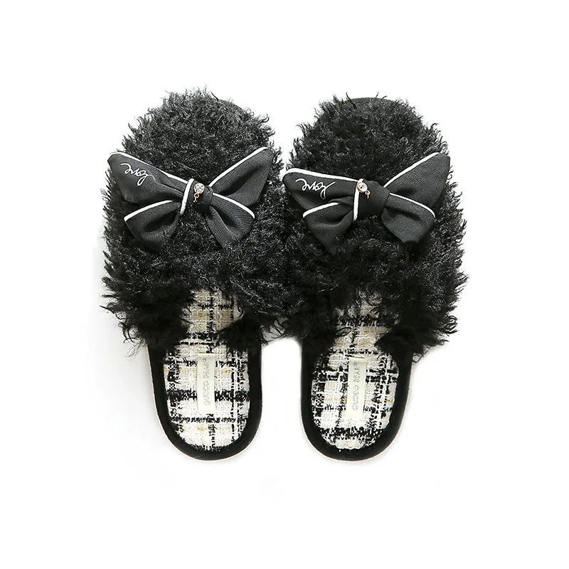 New Autumn And Winter Slippers Fashion Simple Cute Bowknot Indoor Slippers Warm Non-Slip Floor Solid Color Soft Plush Slippers