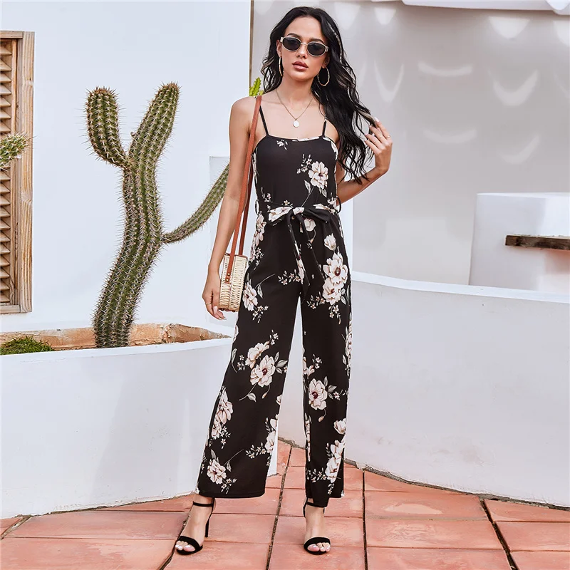 

Summer 2021 Women's Black Floral Combinaisons Strap Long Jumpsuit Bodycon Casual Ensemble #6749