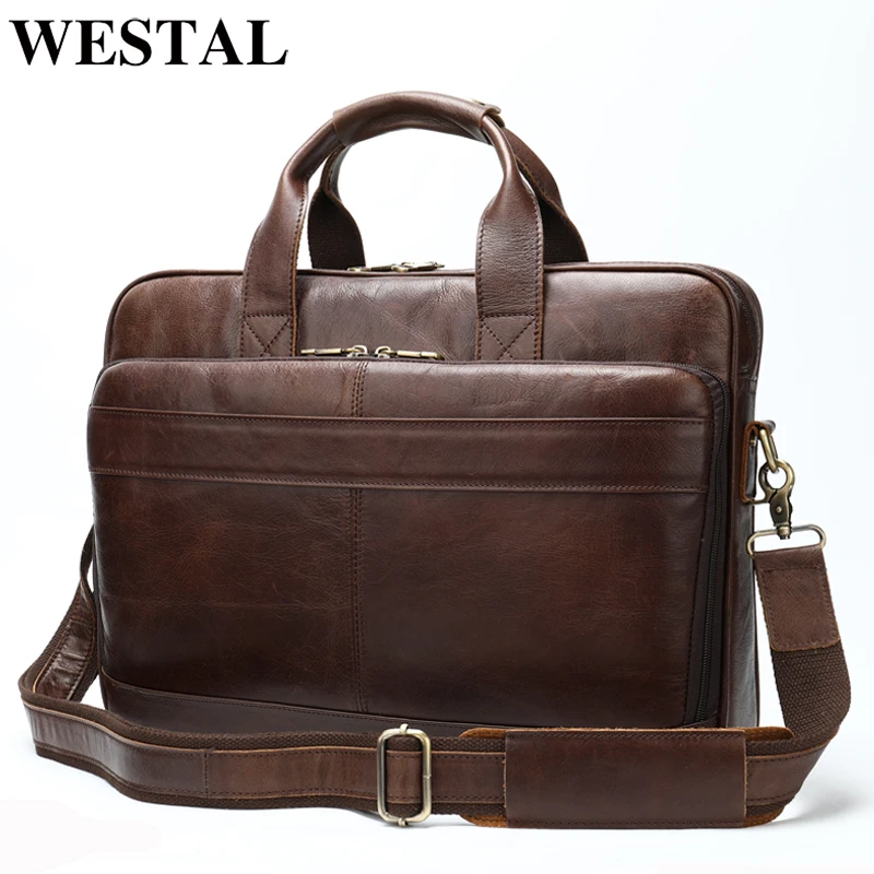 WESTAL Men's Briefcases Laptop Bag 15inch Men Genuine Leather Bags for Document Totes Big Messenger Computer Bags for Men 8841