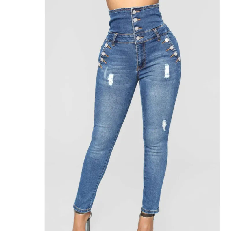 

3XL Plus Size 2021 Spring Autumn Women Fashion High Waist Waist Slim Button Denim Jeans Hole Pocket Skinny Pencil Pants Trousers
