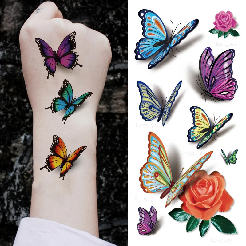 Временные татуировки стикер для женский боди арт 3D бабочка роза цветок перо