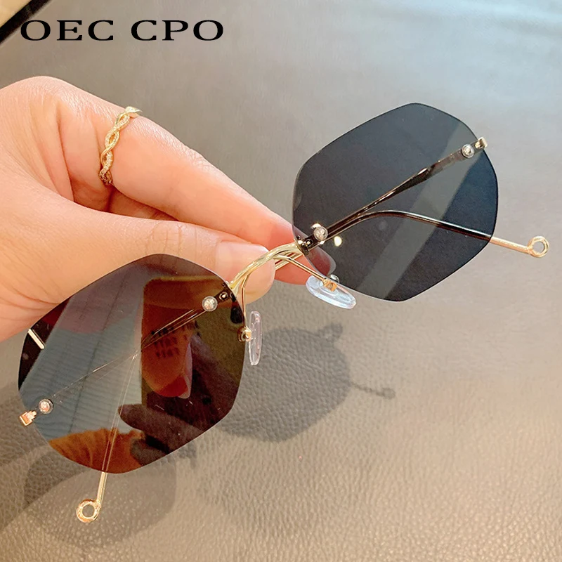 

OEC CPO Polygon Rimless Sunglasses Women Vintage Square Sun Glasses Men Punk Eyeglasses Retro Shades Metal Eyewear Unisex UV400