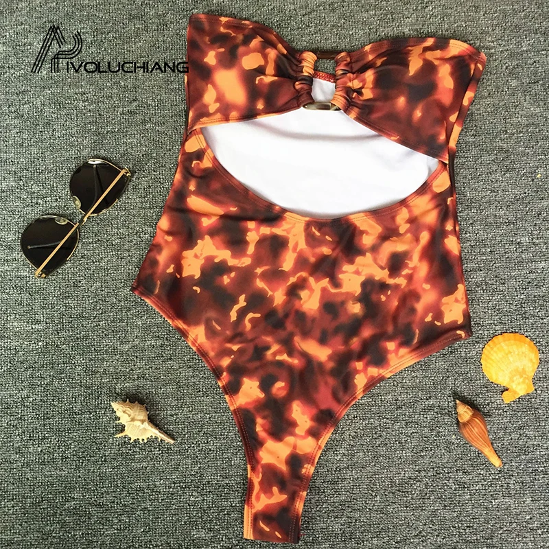 Женский слитный купальник без бретелек сексуальный с леопардовым принтом