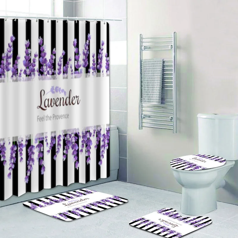 

Trendy Provence Violet Lavender Flowers Shower Curtain Lavender Flower on Black Stripes Bathroom Curtain Set Bath Rug Carpet Mat