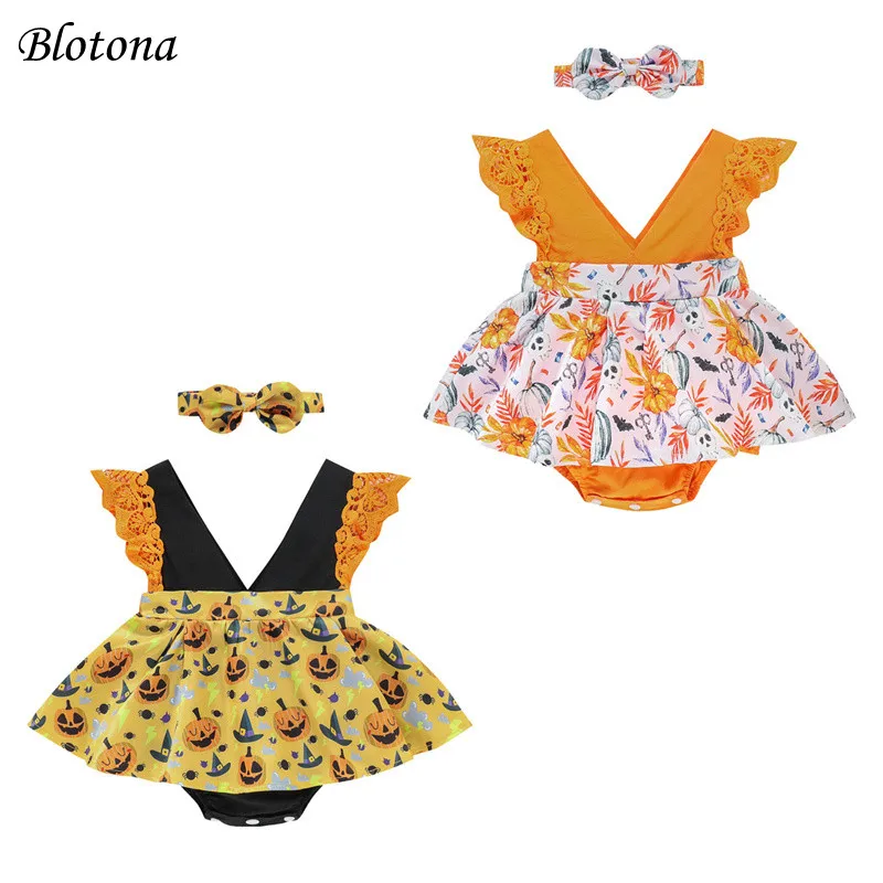

Blotona Baby Girls Casual Fly Sleeve Halloween Romper Fashion Pumpkin Printed Hem Jumpsuits and Headband, 0-24Months