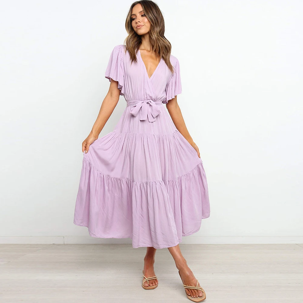 

Party Club Dress Women 2021 New Summer Sexy V Neck Cross Belt Tunic Short Sleeve Solid Color Fashion Casual Ankle Length Dresses