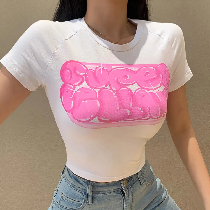 

Korean Fashion Harajuku Cute Letter Print Vintage 90s Sweet Girl Kawaii T-shirts Slim O-neck Casual Women's crop Tops Streetwear