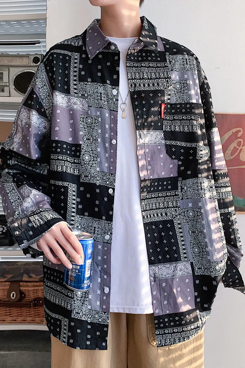 

Men's long-sleeved shirt's 2021 spring and autumn new loose casual flower shirt large size M-5XL wild fashion youth campus Men