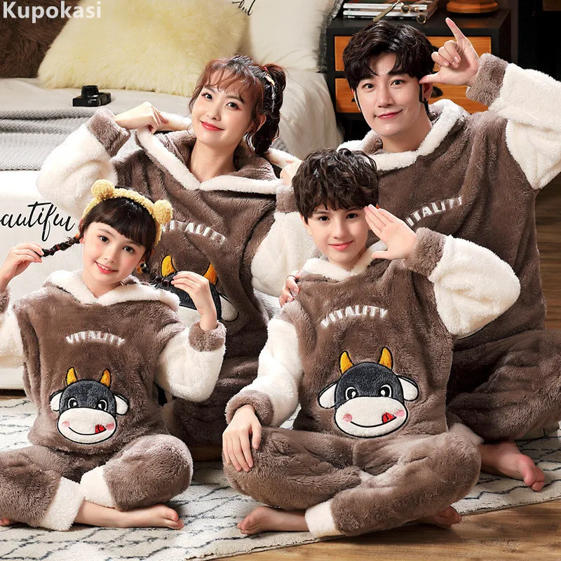 

Kupokasi Flannel Pajamas Set Family Outfits Warm Cartoon Parent-Child Sleepwear Winter Coral Women Men Kid Thick Pyjamas