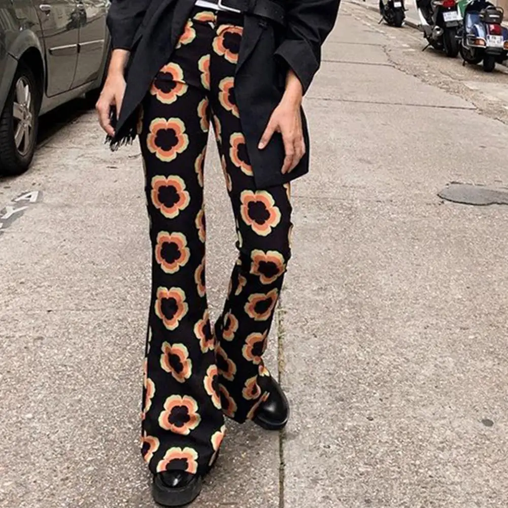 Women's Flare Pants High Waist Trouser Suits Bag Hip Woman Traf Floral Print Clothes Sweatpants Clothing Wide Leg Flared Pants