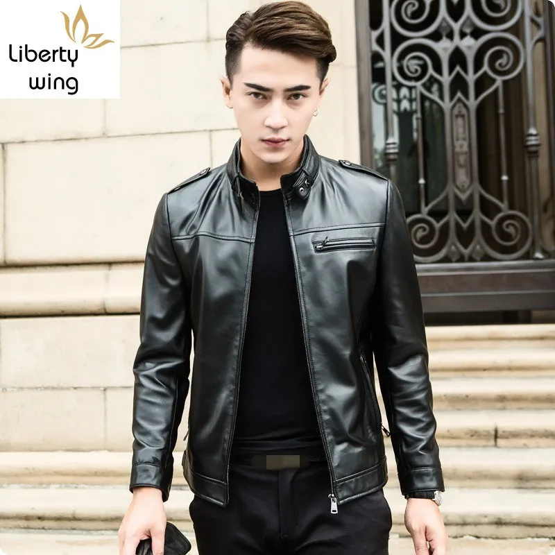 Роскошное мужское приталенное пальто из натуральной кожи с воротником-стойкой