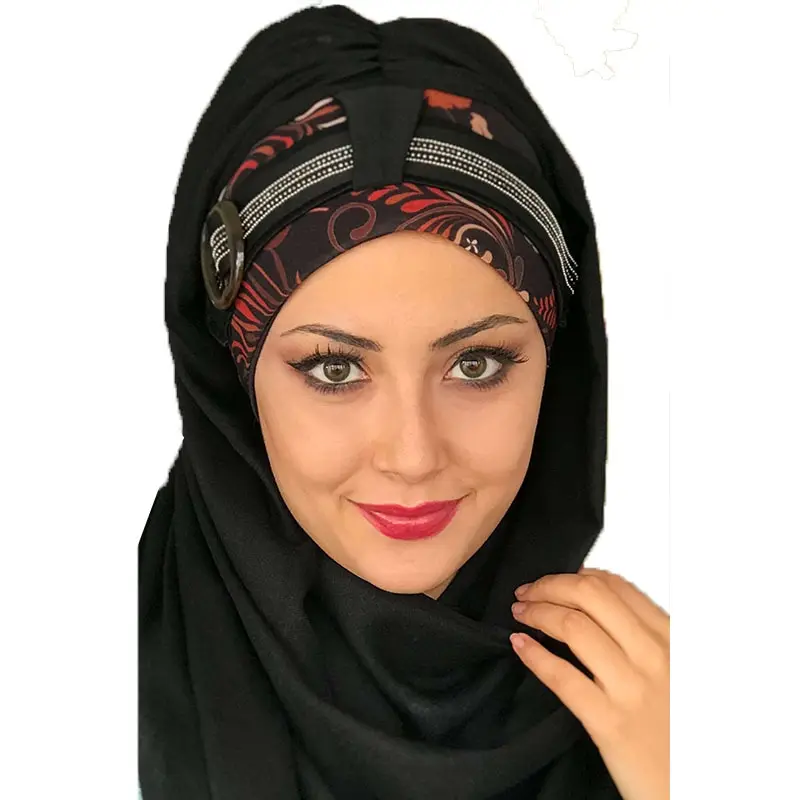 

Yeni Moda Hijab Müslüman Başörtüsü Kadın İslami Türban 2022 Sonbahar Kış Şapka Tokalı Taşlı Kiremit Etnik Desen Siyah Hazır Şal