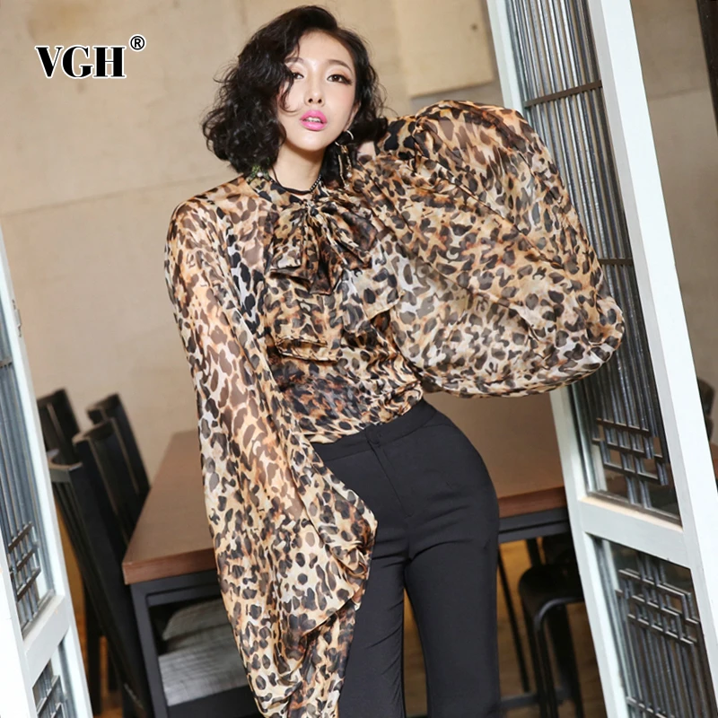 Женская шифоновая рубашка VGH с леопардовым принтом на шнуровке бантом стоячим