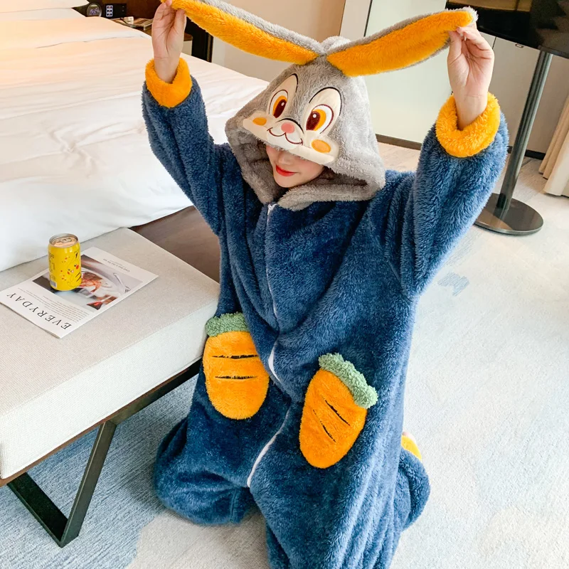 Plush Winter Pajamas Fashion Home Wear Women Sleepwear Cartoon Hooded Coral Velvet Nightgown Plus Size Flannel Nighty Add Fleece