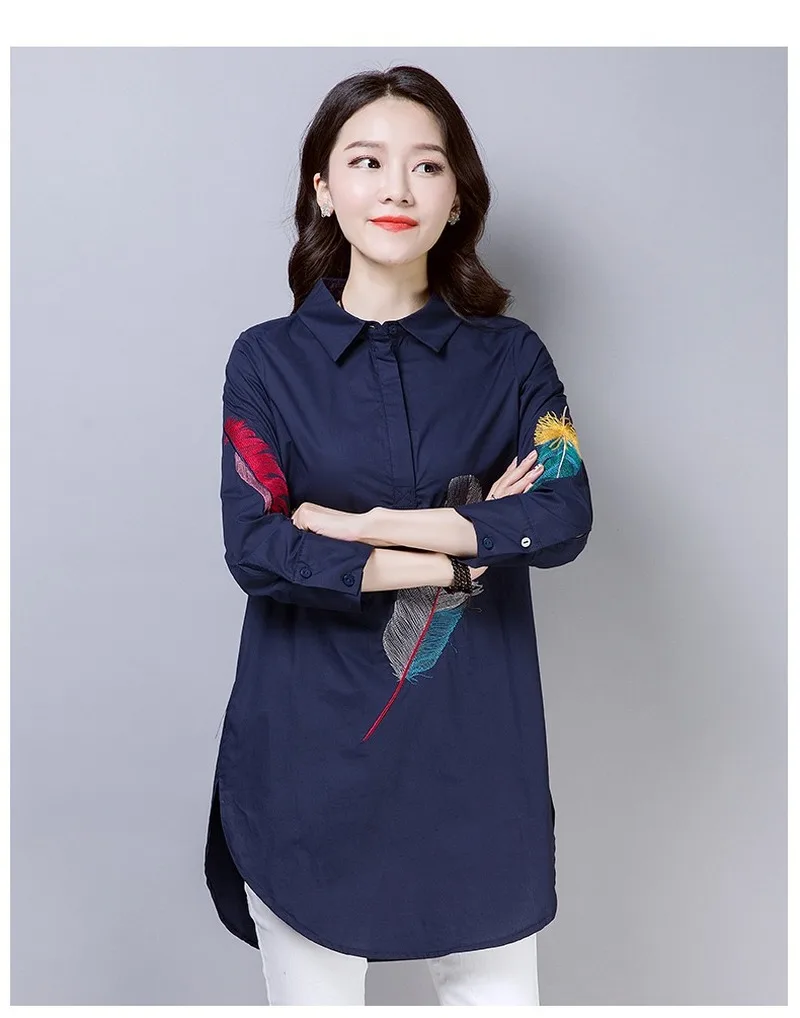 

2020 Spring Cotton Feather Embroidery White Long Blouse Women 3/4 Sleeve Art Loose Ladies Office Work Tops Button Down Shirts