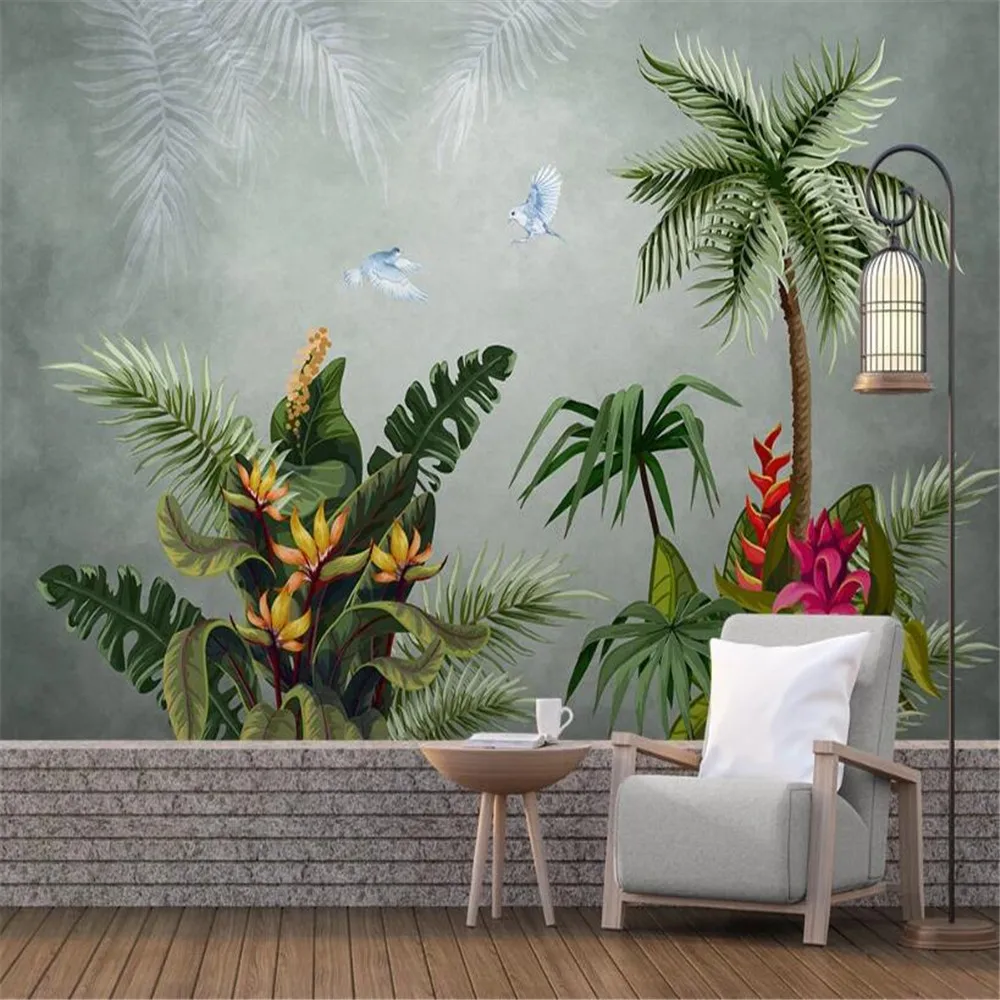 

Milofi custom large wallpaper mural hand-painted tropical rainforest plants flowers and birds TV bedroom background wall