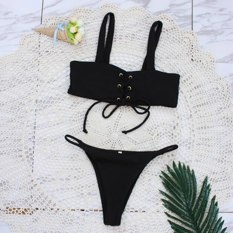 

Newest Sexy Bikinis Female Swimwear Women High Cut Bikini Set String Swimming Suit For Women Black Swimsuit