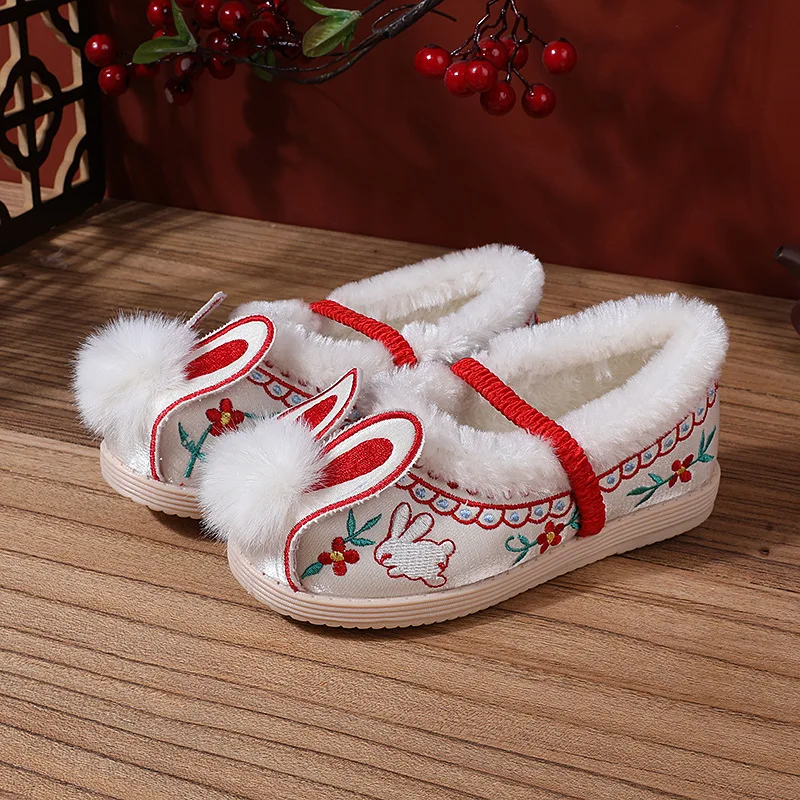 

Cute Rabbit Ears Plus Velvet Thickened Children's Embroidered Shoes Chinese Style Ancient Style Hanfu Shoes Girls Cloth Shoes