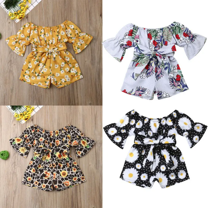Детские комбинезоны с открытыми плечами и подсолнухом для маленьких девочек