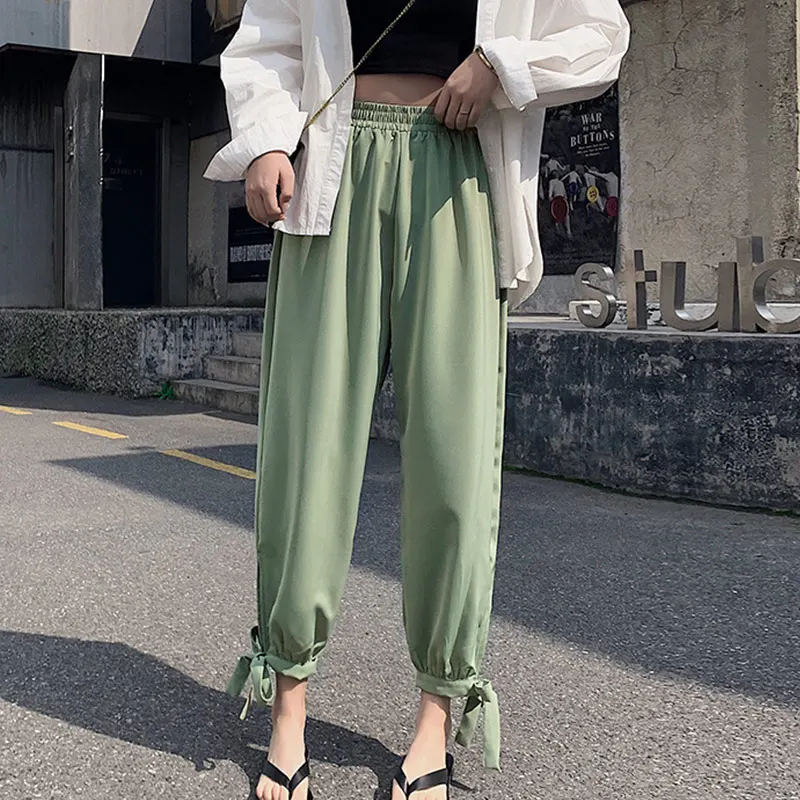 

2021 Women Summer Thin Solid Lantern Pants Drooping Feel Ice Silk Chiffon Pants Elastic Waist Casual Loose Split Harem Pants