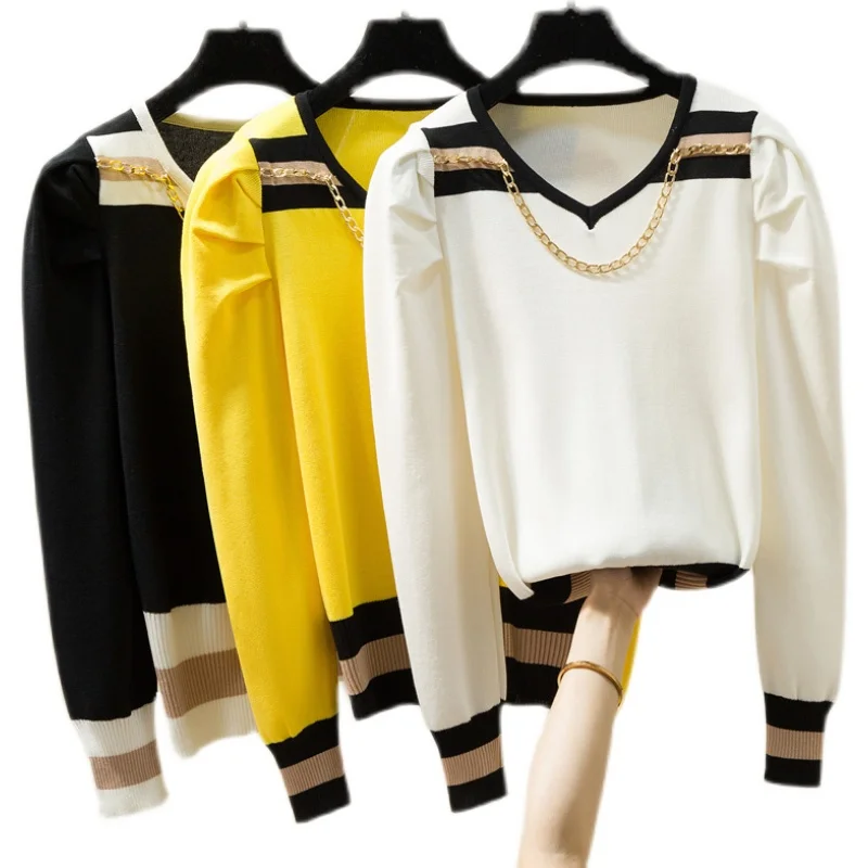 

Gkfnmt Striped V-Neck Sweater Women 2021 New Winter Korean Style Long Sleeve Woman Pullover Pull Femme Beading Tops