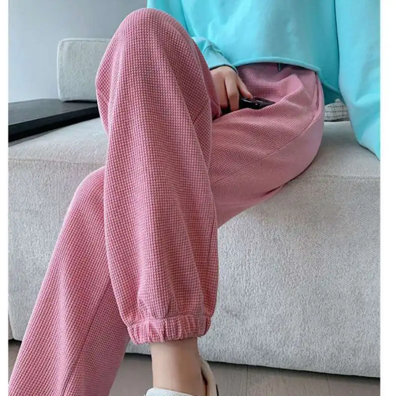 

Pink Waffle Sweatpants Women Loose-fitting Autumn Winter High Waist Plus Velvet Slim Casual Pants