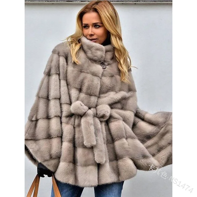 

2021 Spring European and American Solid Color Imitation Fur Jacket Stand Collar Loose Bat Sleeve Belt Waist Short Fashion Jacket
