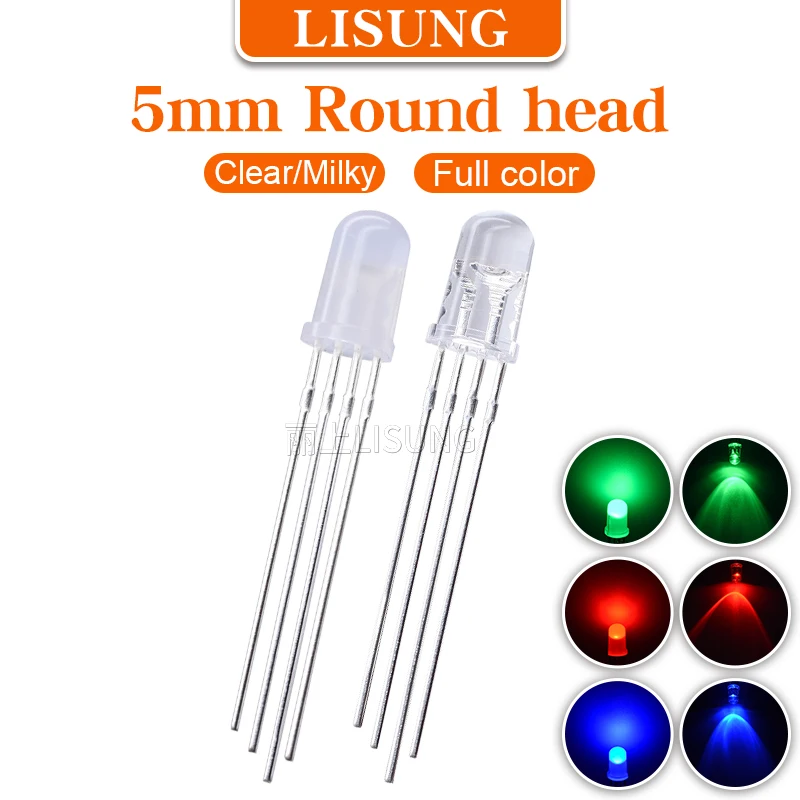 

1000PCS 5mm RGB Led Emitting Diode 4 Pins Full-color Milky Water Clear Red Green Blue Common Cathode Anode Colorful Light Lamp