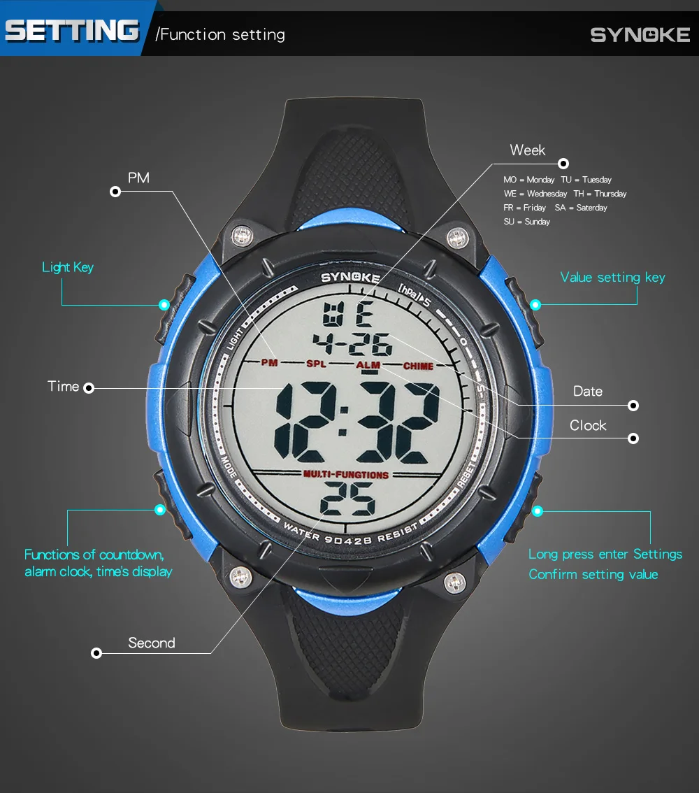 SYNOKE мужские часы люксовый бренд LED водонепроницаемые светодиодные цифровые