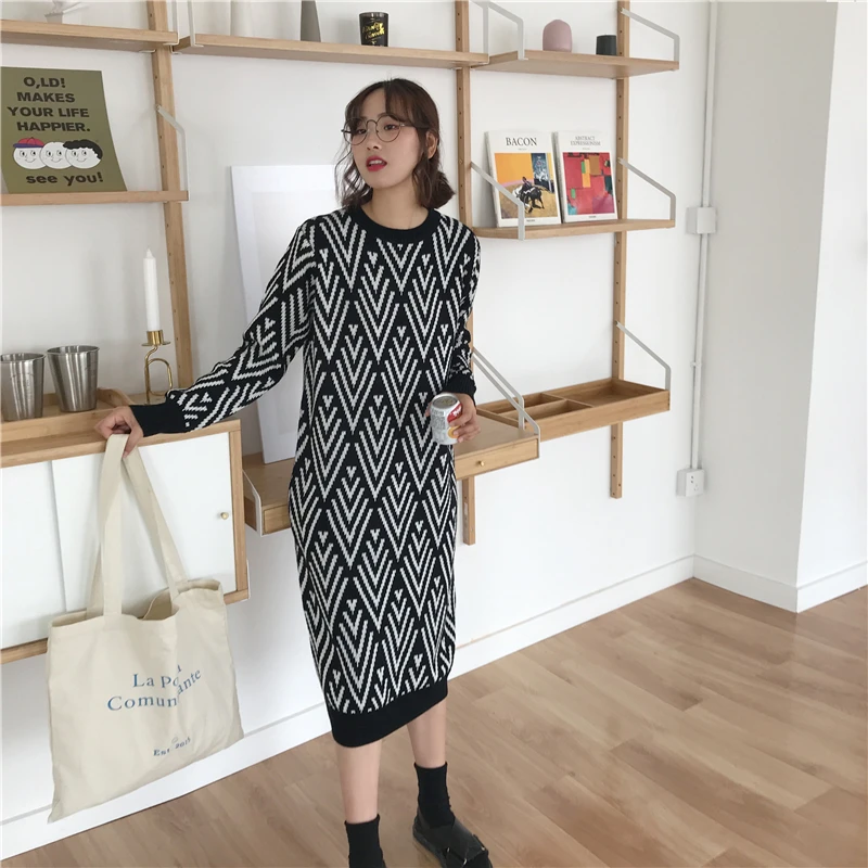 Свободное однотонное осеннее теплое платье-свитер YAMDI новинка 2020 зимние