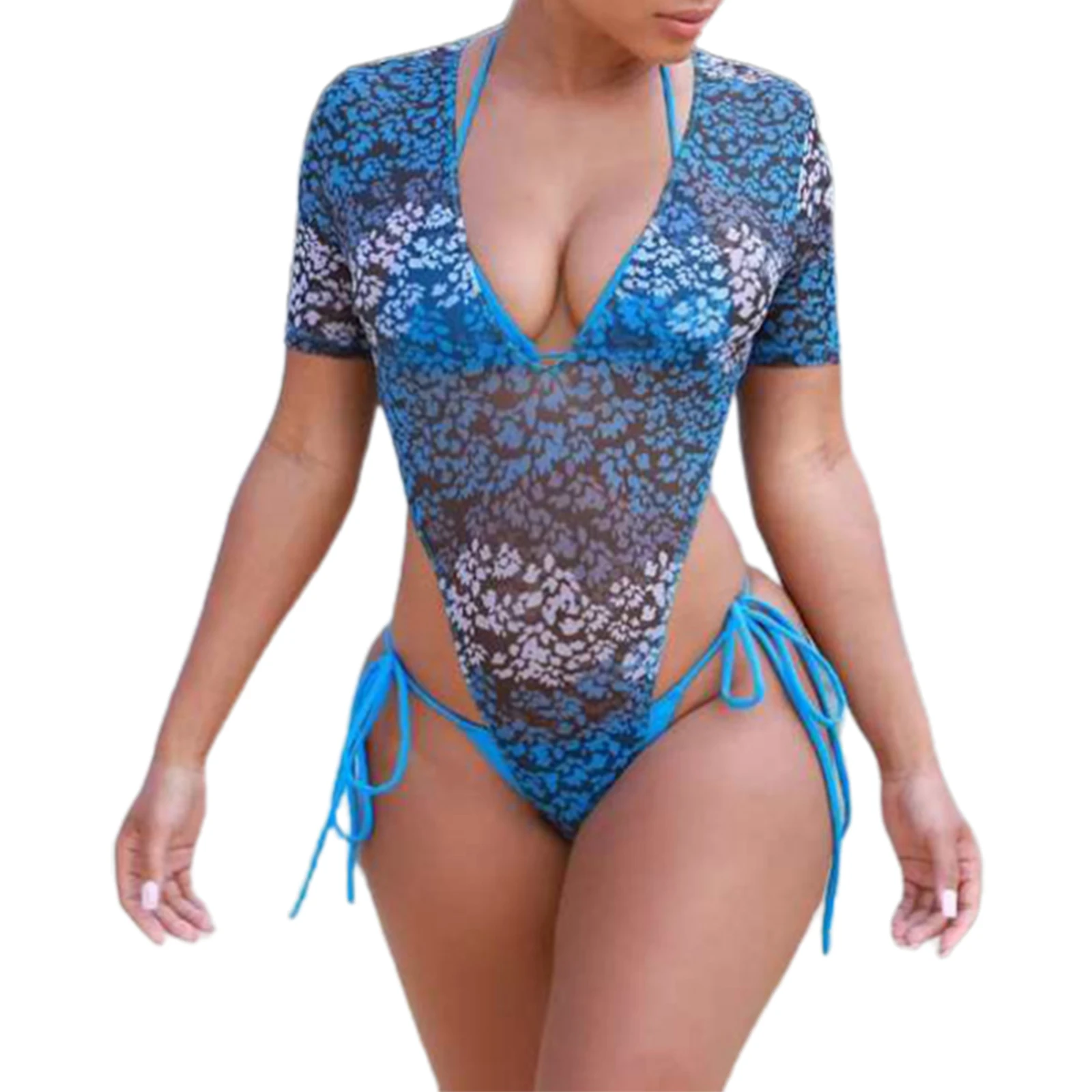 

Women's 3Pcs Bikini Suit, Solid Color Deep V-neck Halter Tops with Side Tie Thong Bottoms and Triangle Smock