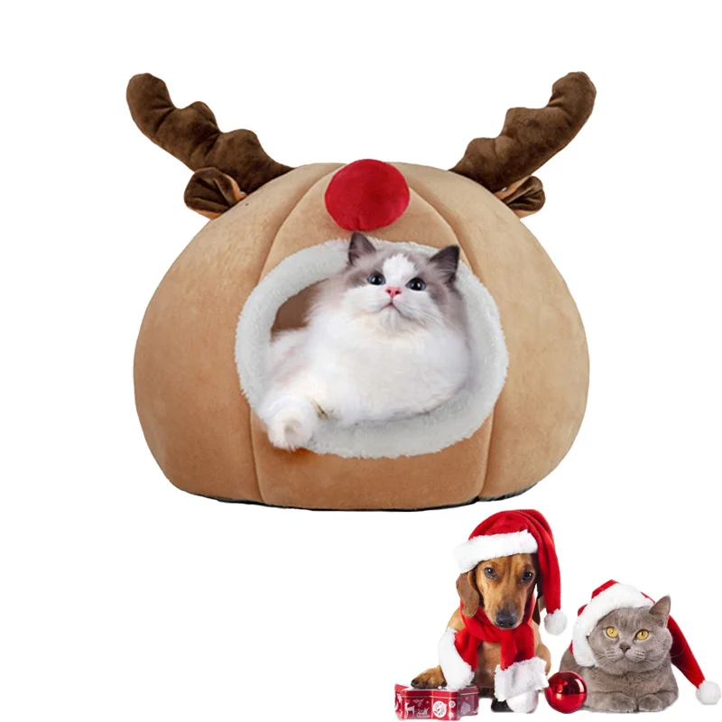 

Christmas Reindeer Kennel Winter Warm Sponge Short Plush Cat and Dog Pet Tent Soft and Comfortable Semi-enclosed Cat Kennel