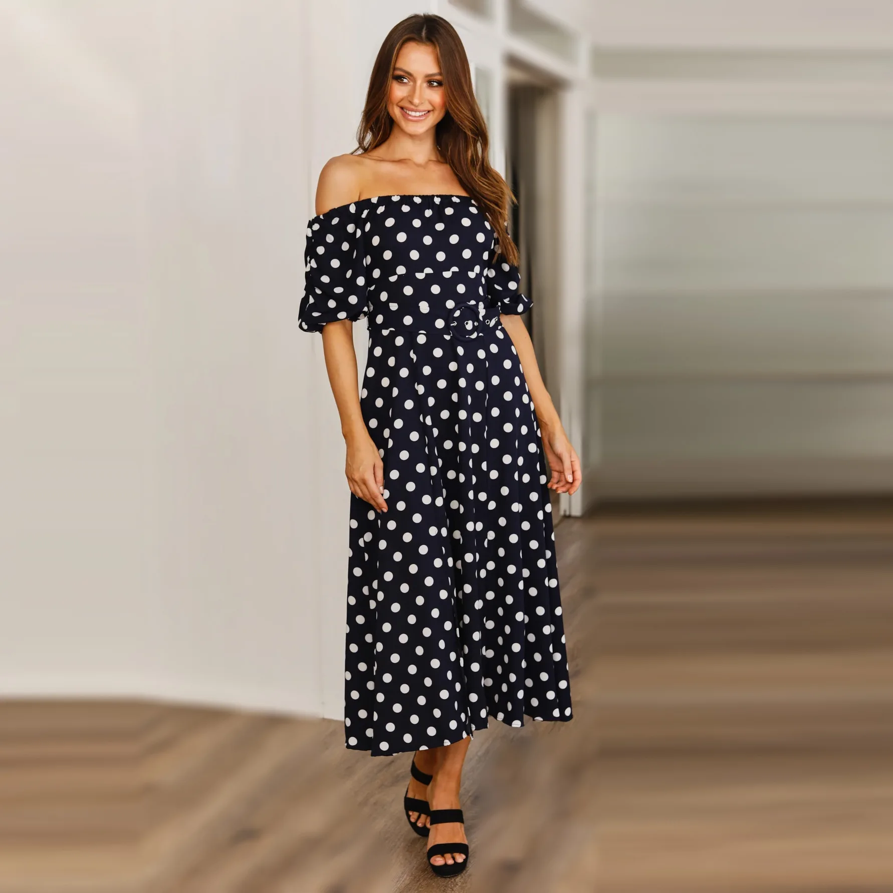

Summer Ladies Off The Shoulder Dot Dress Women Slash Neck Short Sleeve High Waist Sashes Mid-calf Dress 2021 New