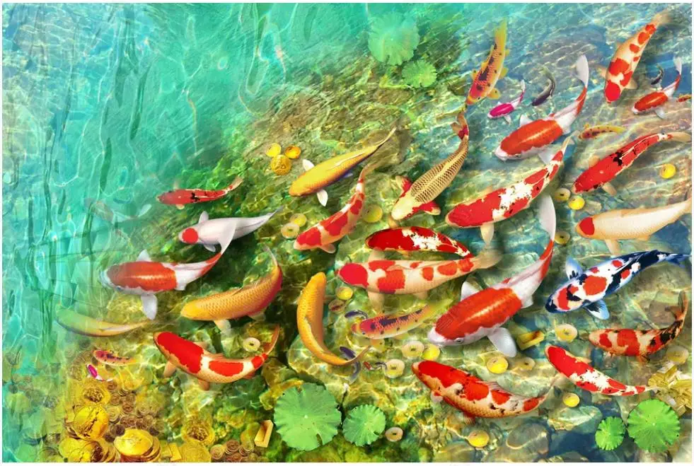 

Custom Self-adhesive waterproof Flooring wallpaper Wall Stickers Pond goldfish lotus leaf bathroom living room 3D floor painting