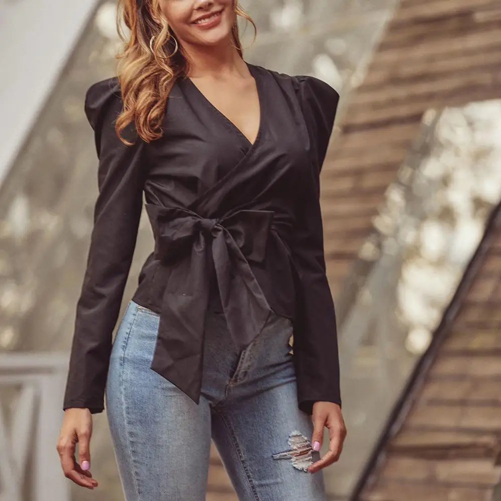 Сексуальная блуза с v образным вырезом женская рубашка длинными рукавами